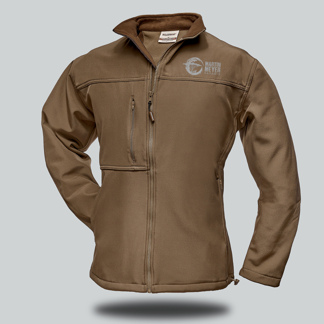 Brown zippered jacket with a logo on the chest and a brown collar, viewed from the front.