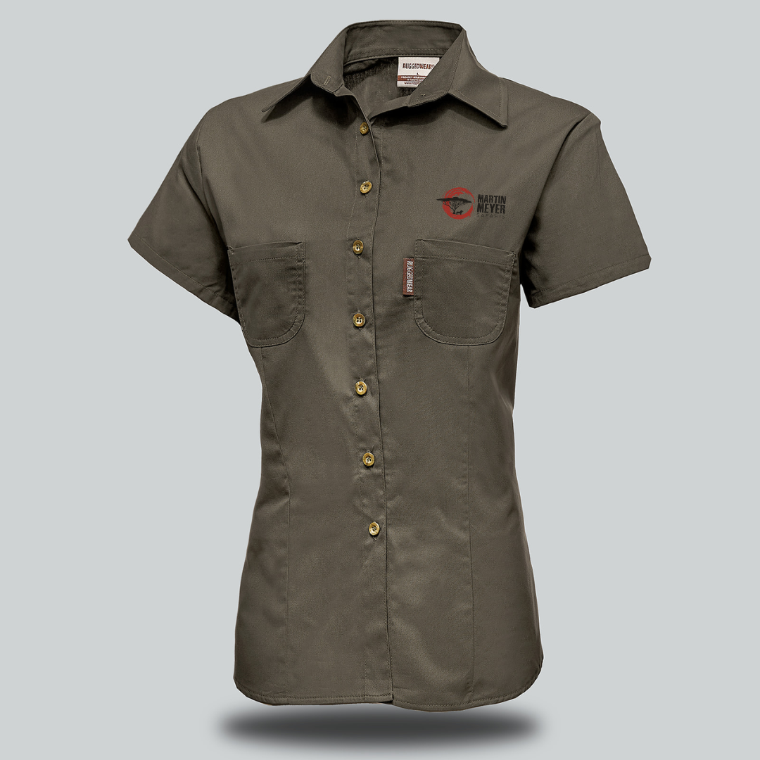 A short-sleeved olive-green button-down shirt with a logo on the chest pocket.