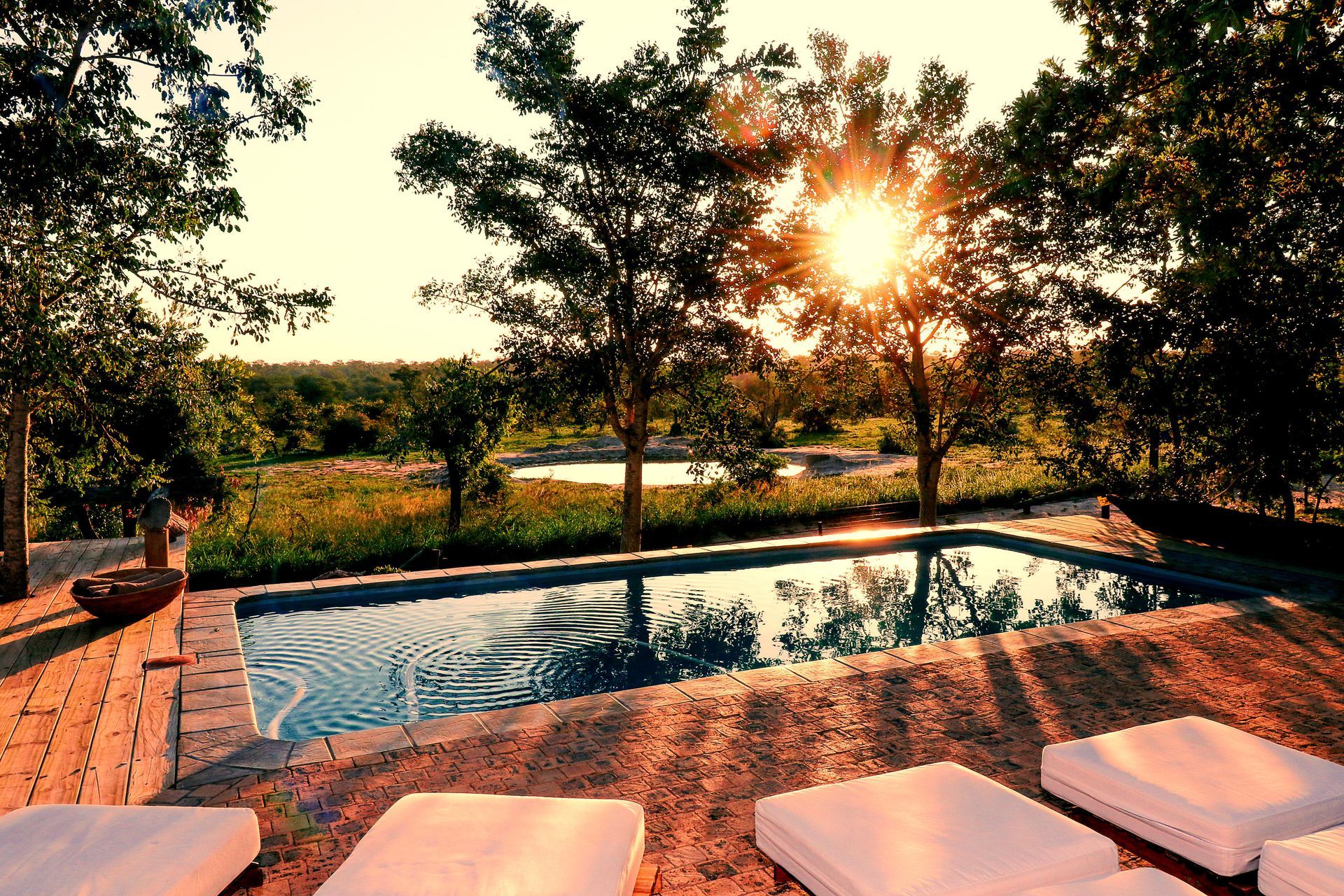 Swimming pool with sun loungers, trees, and a bright sunset over a landscape.