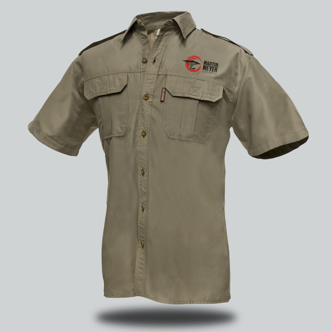 Khaki short-sleeved button-up shirt with two chest pockets and a small logo on the chest.