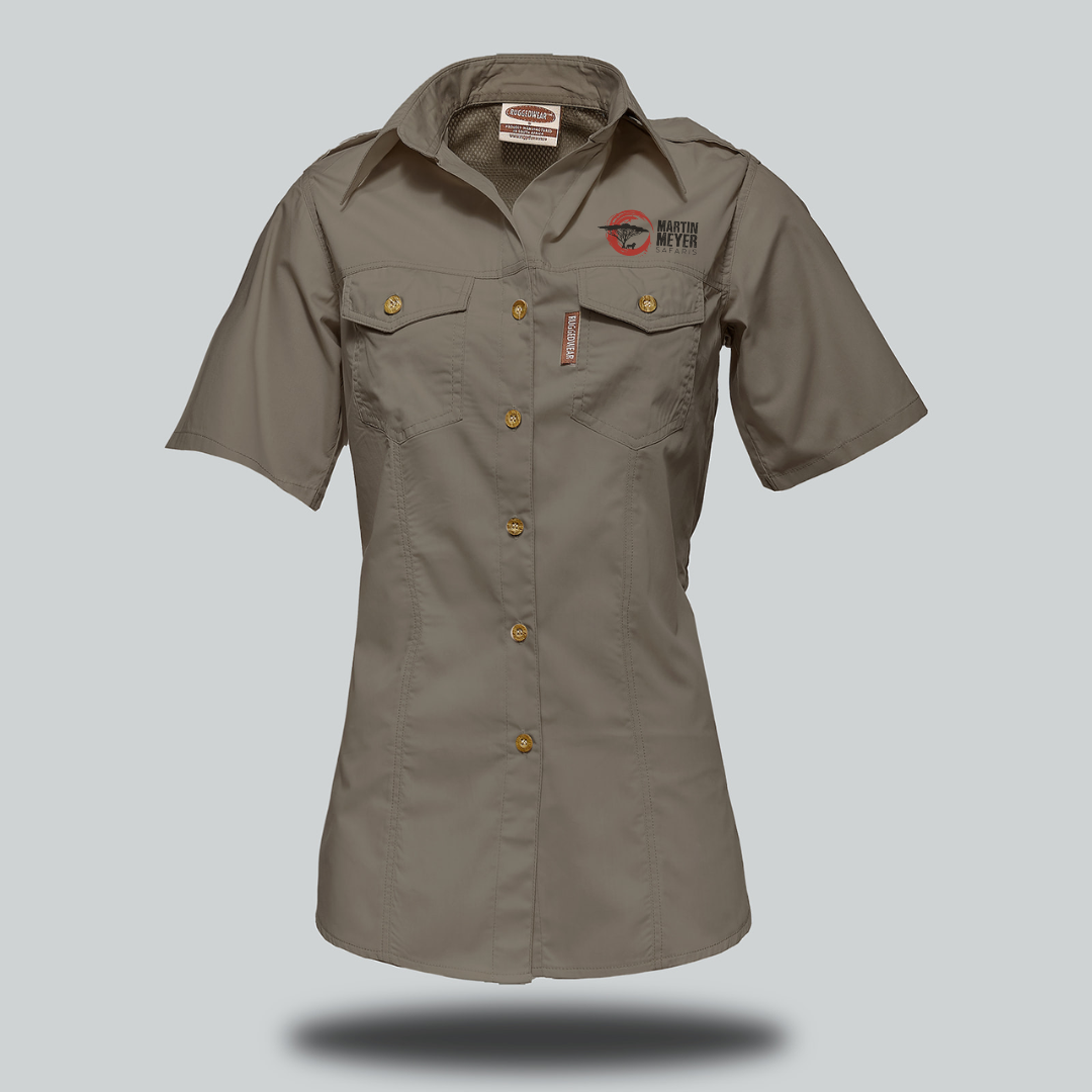 Tan short-sleeved button-up shirt with two chest pockets and a logo on the left side, likely a work uniform.