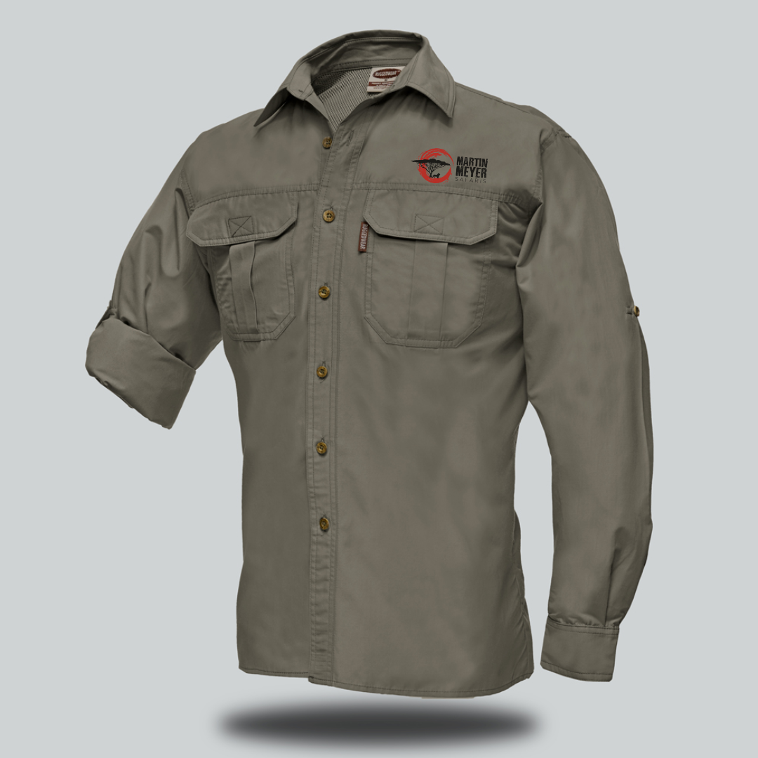 Olive-green long-sleeved button-up shirt with two chest pockets and a logo on the left breast.