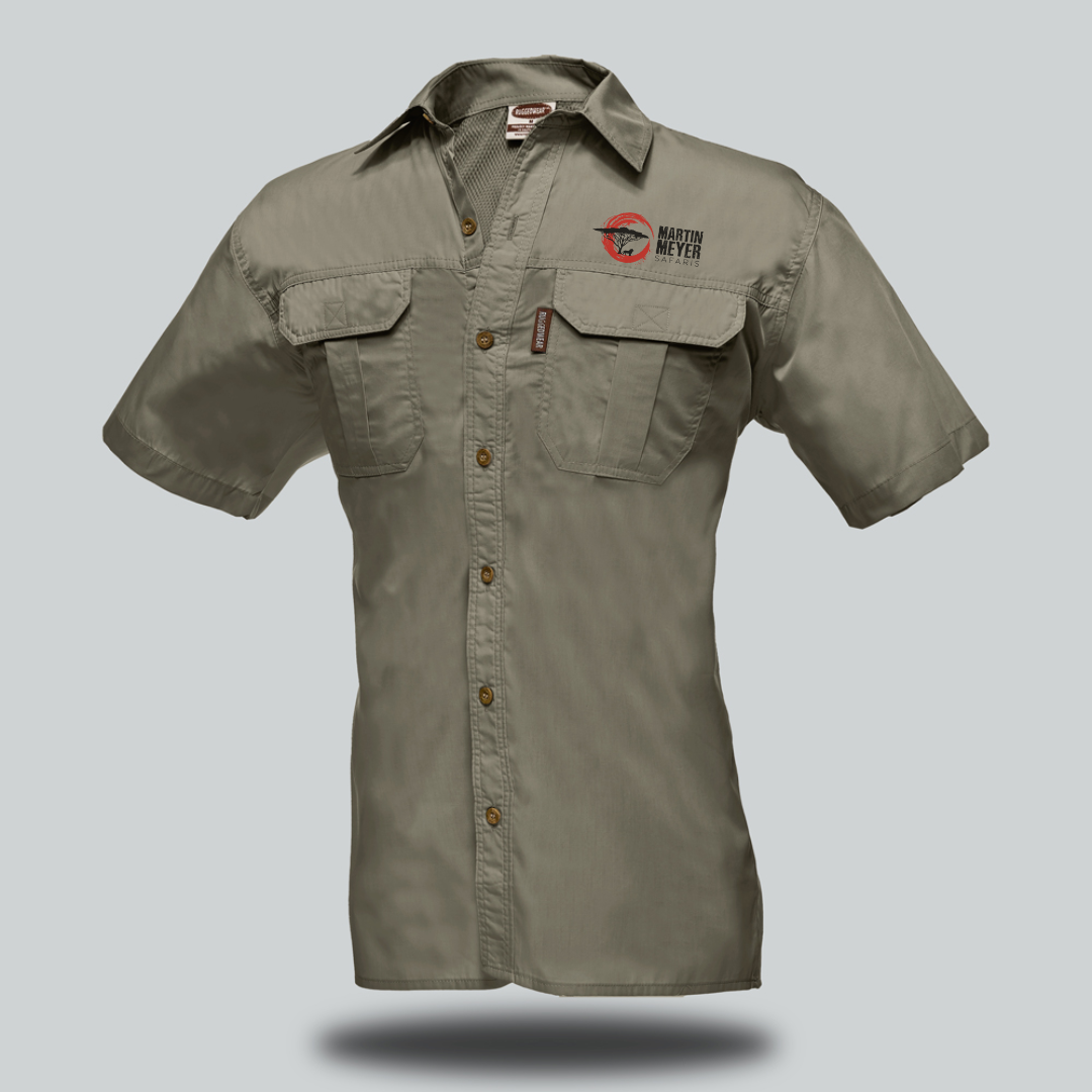 Khaki short-sleeved button-up shirt with two chest pockets and a logo on the front.