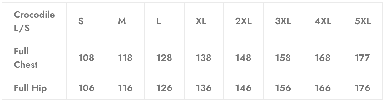 Size chart showing chest and hip measurements for different sizes, from S to 5XL.