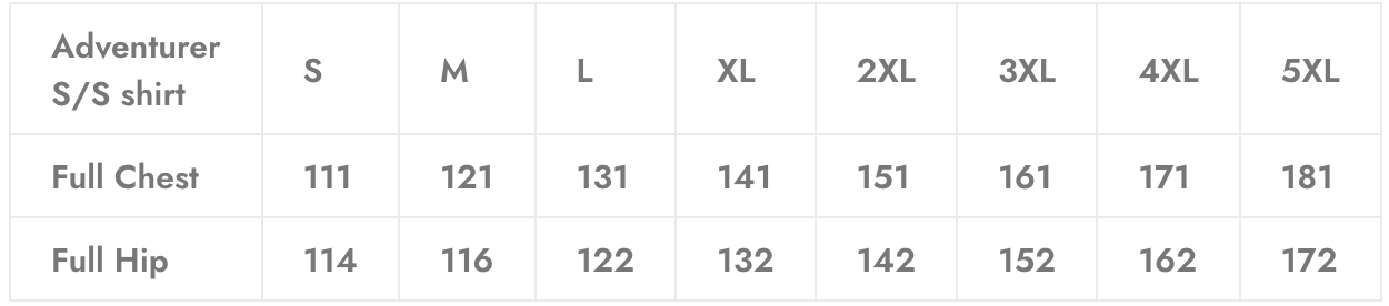 Size chart for Adventurer S/S shirt, listing chest and hip measurements for sizes S to 5XL in numerical values.