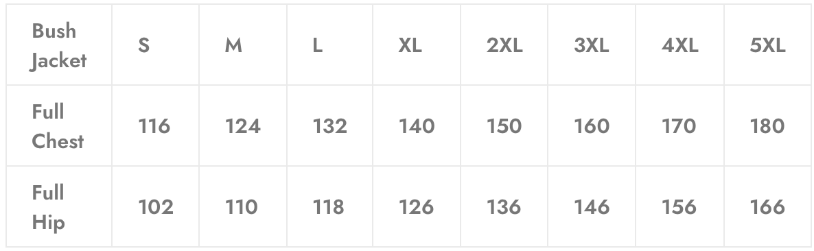 Size chart for a Bush jacket. Shows full chest and full hip measurements for sizes S through 5XL.