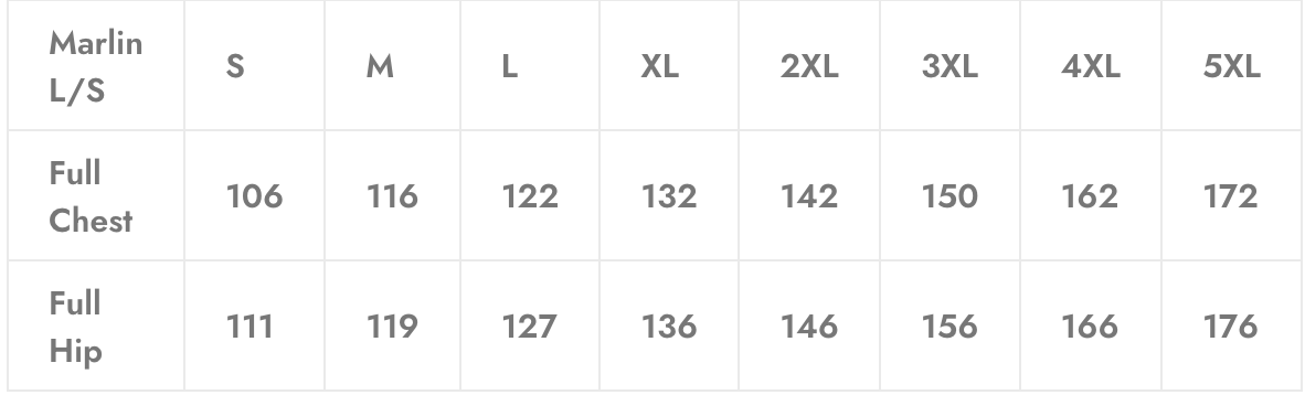 Size chart showing measurements for full chest and full hip in sizes S through 5XL.