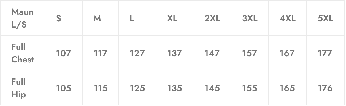 A size chart showing chest and hip measurements (in cm) for sizes S to 5XL.