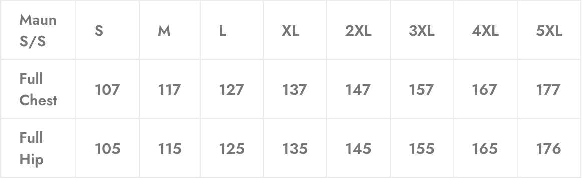 Clothing size chart with measurements for full chest and hip, ranging from size S to 5XL.