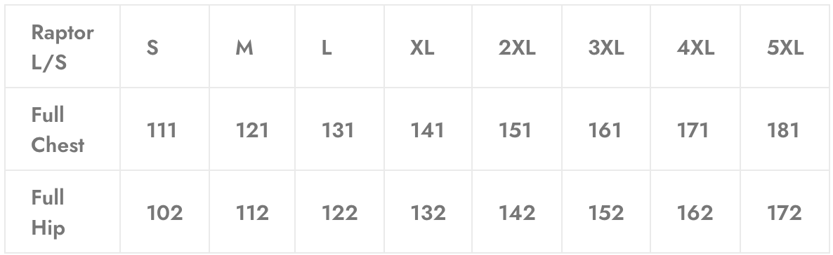 Size chart showing measurements for Raptor L/S in sizes S-5XL. Measurements include full chest and hip circumferences.