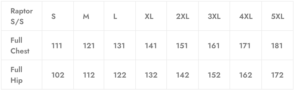 Size chart with measurements for clothing. Includes sizes S to 5XL for full chest and full hip.