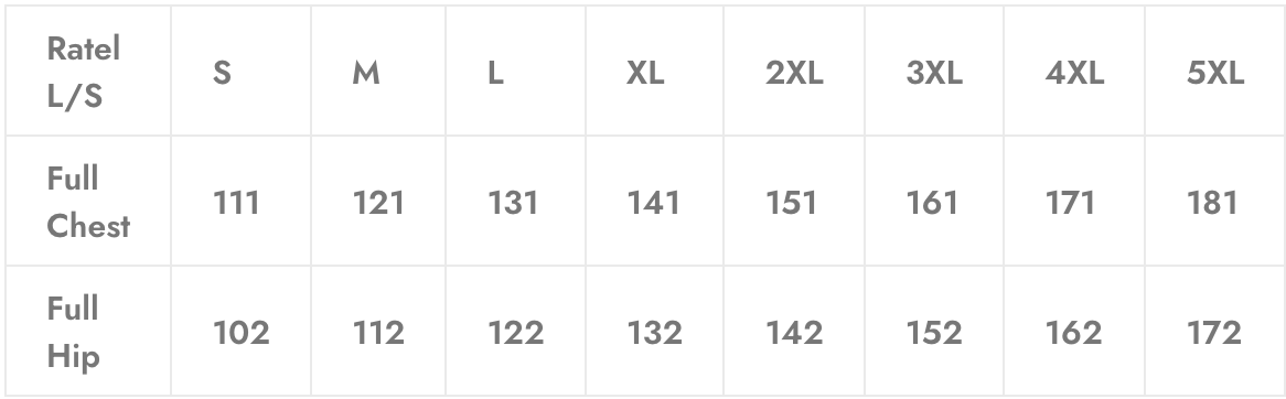 Size chart for clothing, showing chest and hip measurements in sizes S through 5XL.