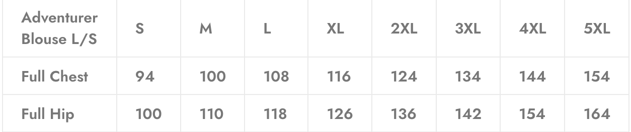 Size chart for an Adventurer Blouse, listing chest and hip measurements for sizes S through 5XL in numerical values.