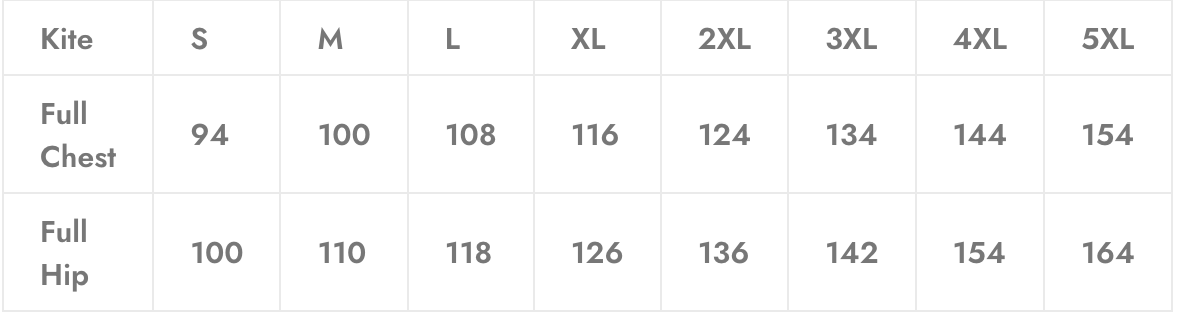 Size chart showing chest and hip measurements in centimeters for sizes S to 5XL.