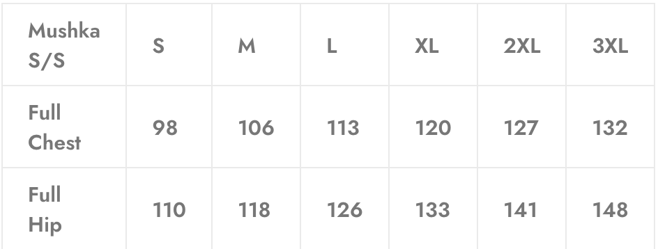 Size chart for Mushka S/S clothing, showing measurements for full chest and full hip in sizes S through 3XL.