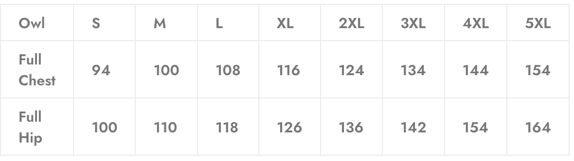 Size chart showing chest and hip measurements for sizes S through 5XL.
