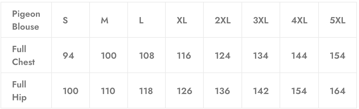 Size chart for a pigeon blouse, showing chest and hip measurements in centimeters for sizes S to 5XL.