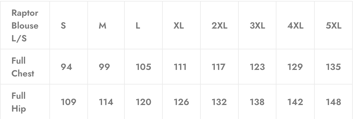 Size chart for Raptor Blouse L/S, with measurements for chest and hip in sizes S-5XL.