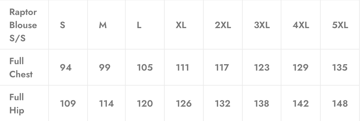 Size chart for Raptor Blouse, showing measurements for chest and hip in sizes S to 5XL.