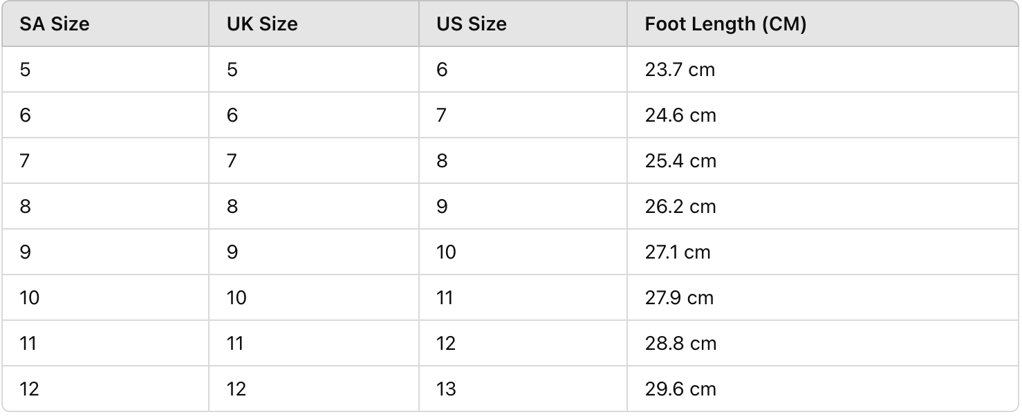 Shoe size chart showing SA size, US size, and foot length in centimeters.