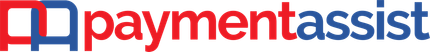A red , white and blue logo for payment assist