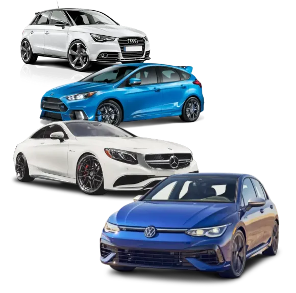 A group of cars are sitting next to each other on a white background.
