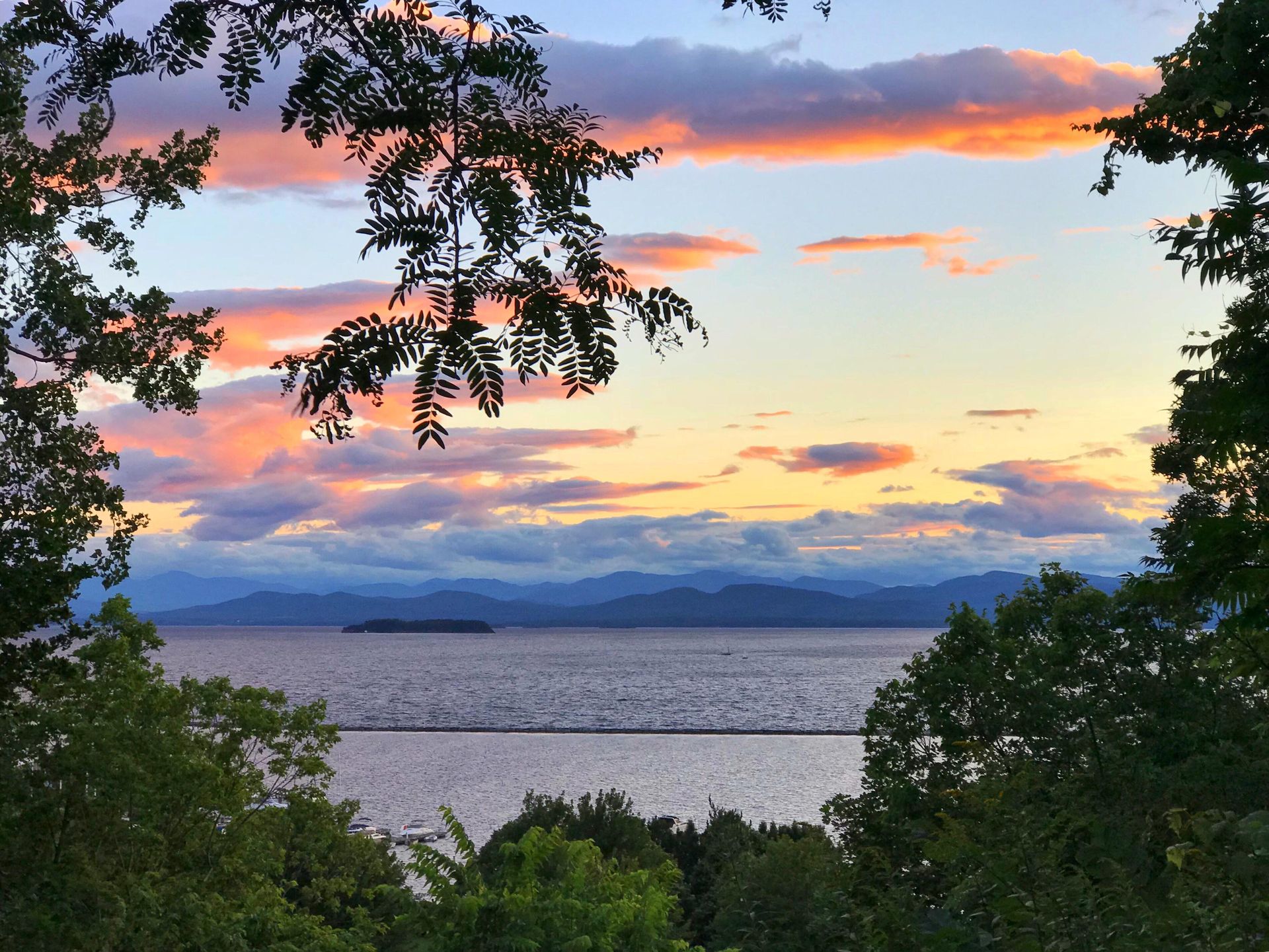 Sunset over a wide lake and distant mountains, with pink and orange clouds framed by tree branches