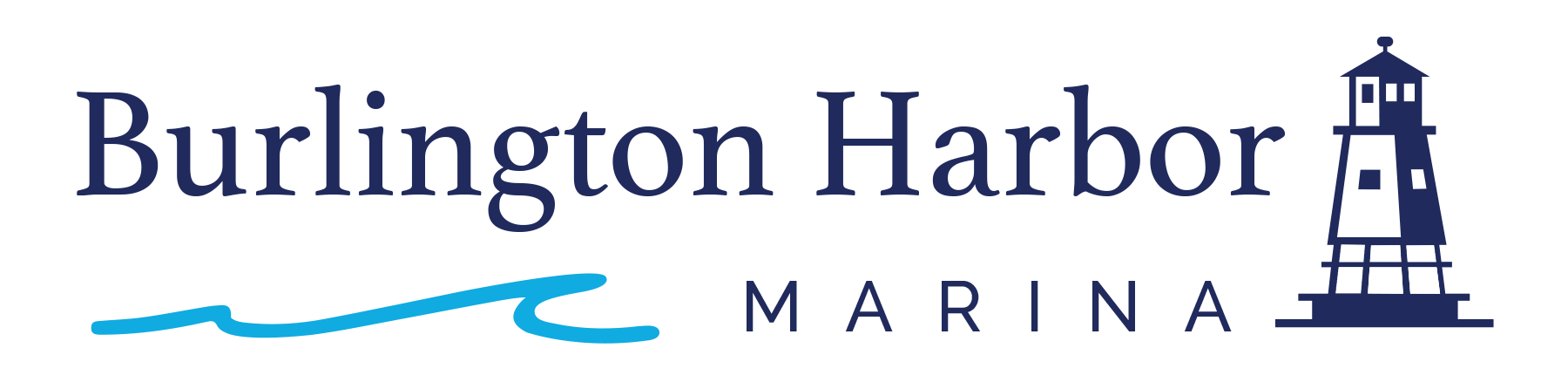 Burlington Harbor Marina logo with blue wave and lighthouse icon