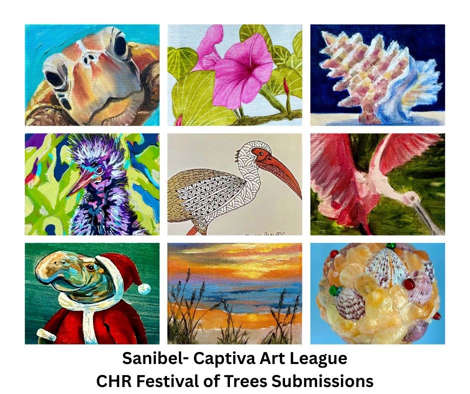 Nine colorful paintings: sea turtle, flowers, shell, bird, ibis, flamingo, turtle in Santa suit, sunset, shell sphere.