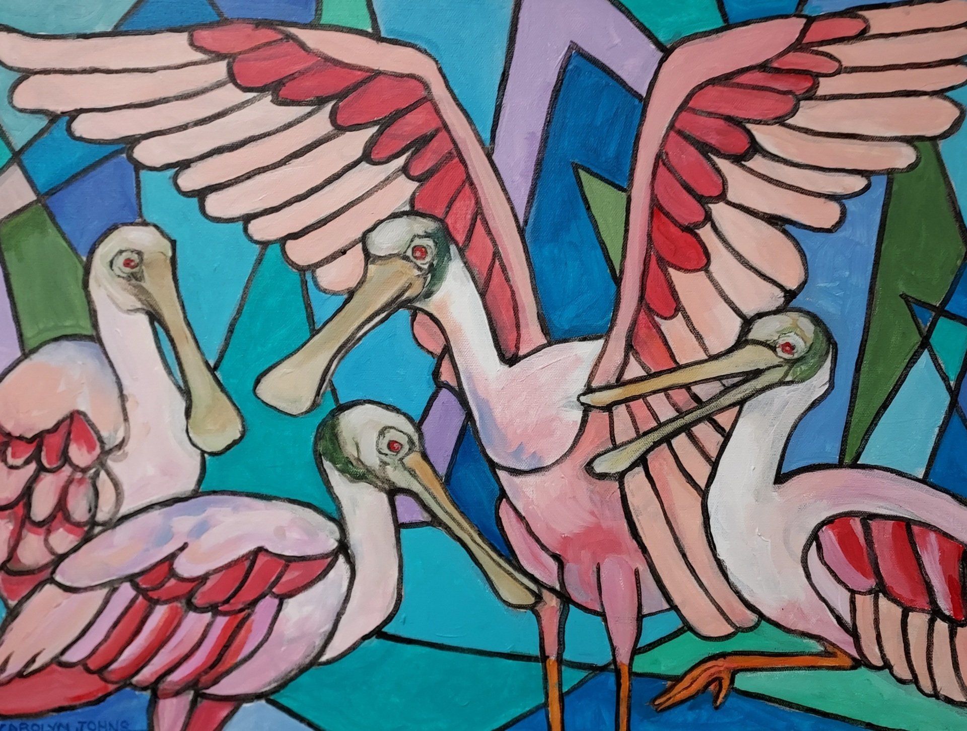 Pink roseate spoonbills with wings spread against a mosaic blue and green background.