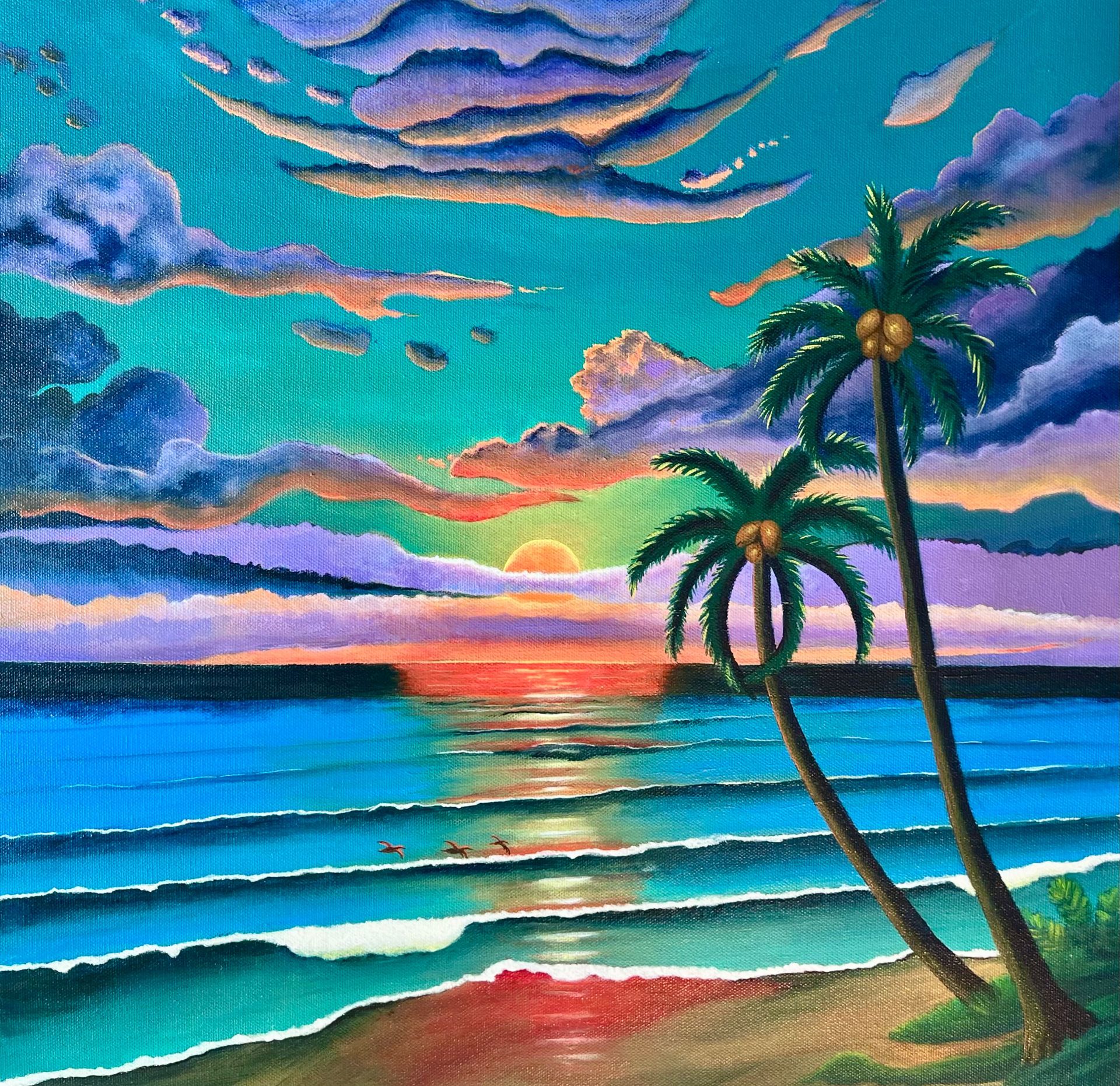 Sunset over a beach with palm trees; colorful sky, ocean waves.