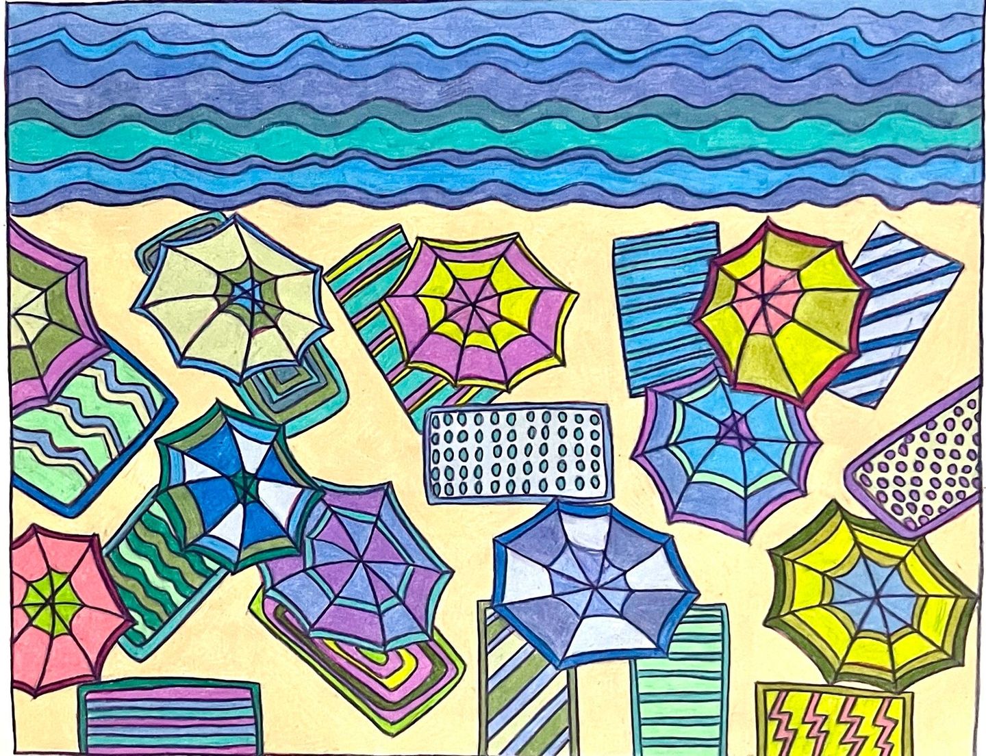 Beach scene: Colorful umbrellas, towels, and waves; vibrant colors; sunny day.