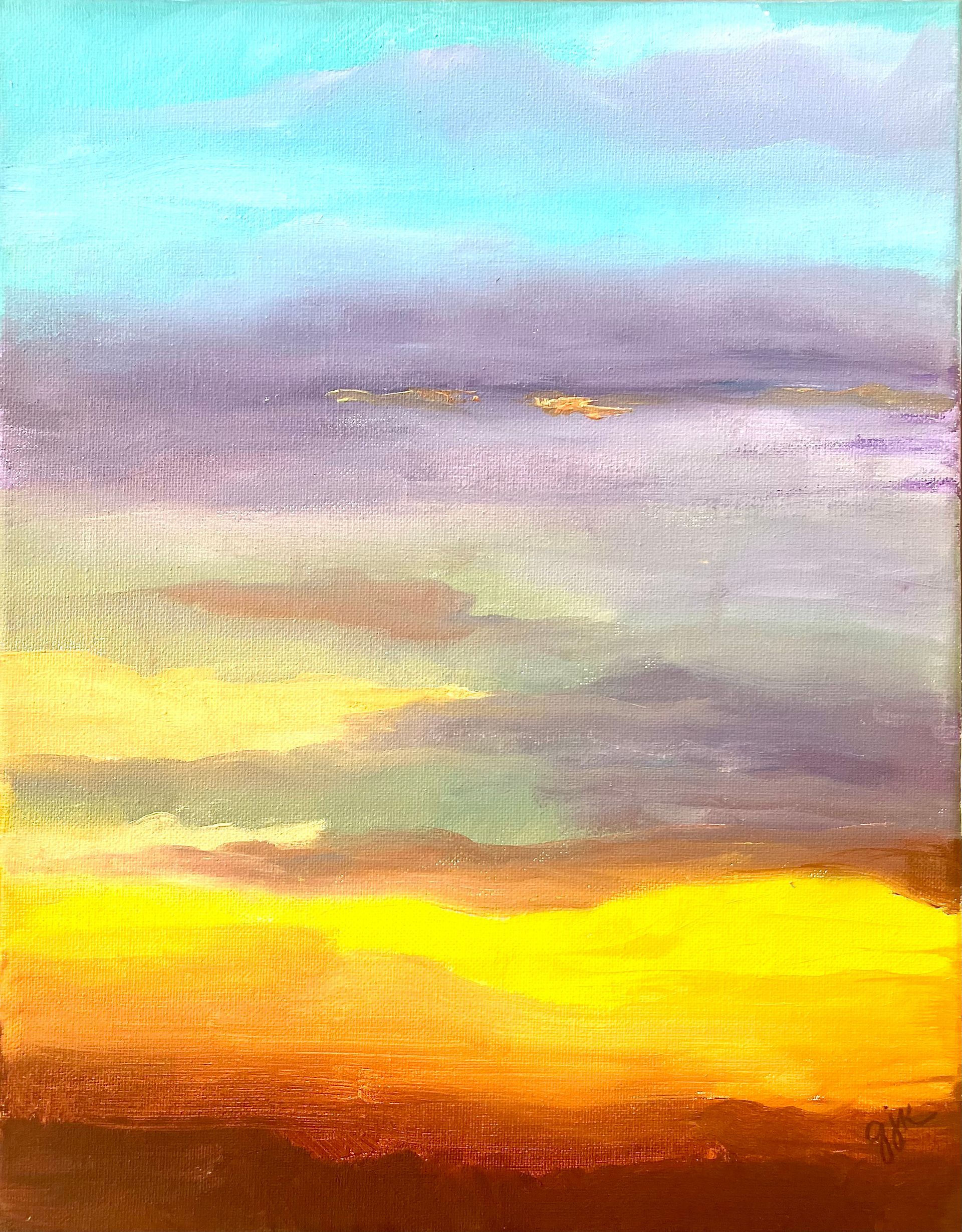 Sunset painting with layers of blues, purples, and oranges blending in a textured sky.