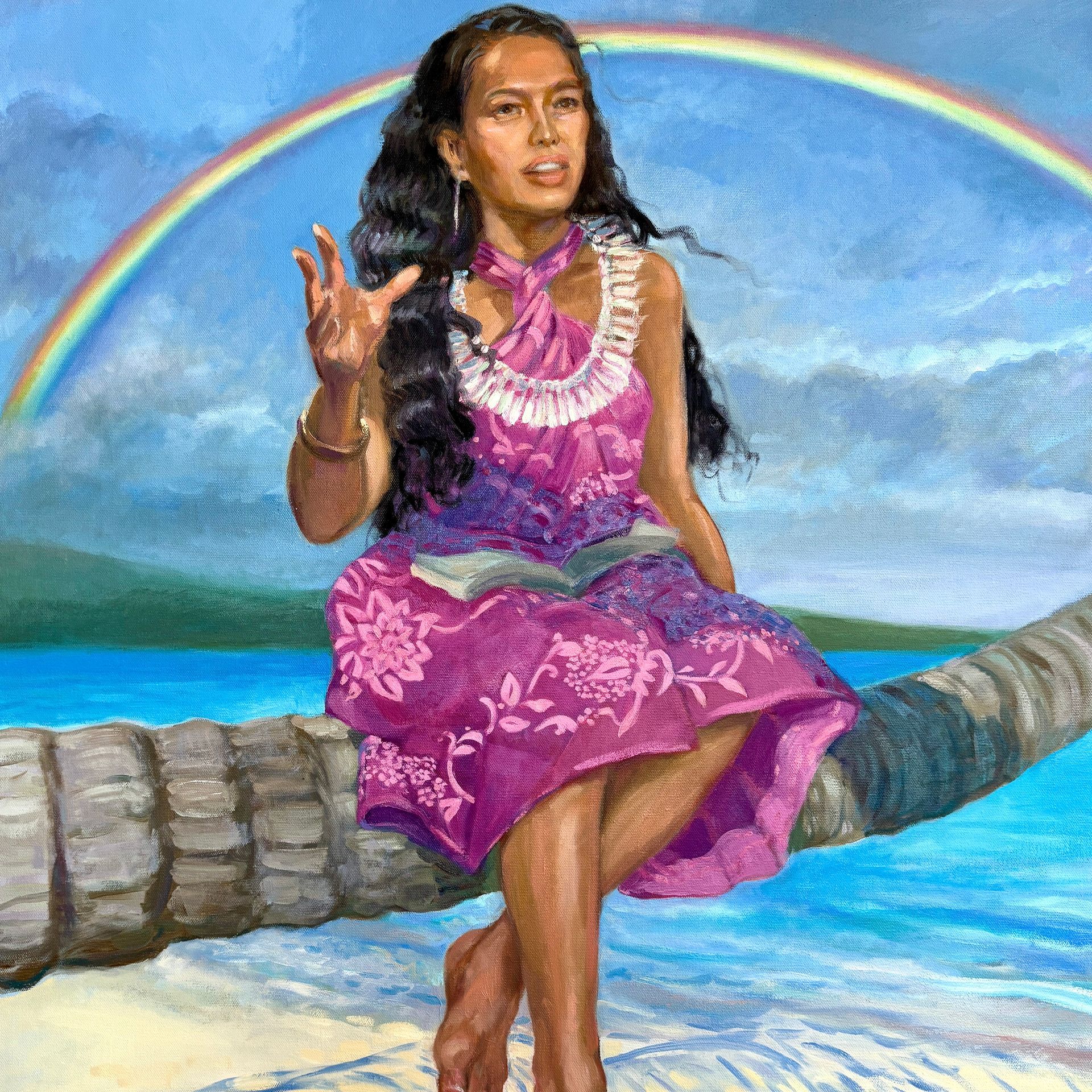 Woman in pink dress on a palm tree, gesturing with rainbow in background.