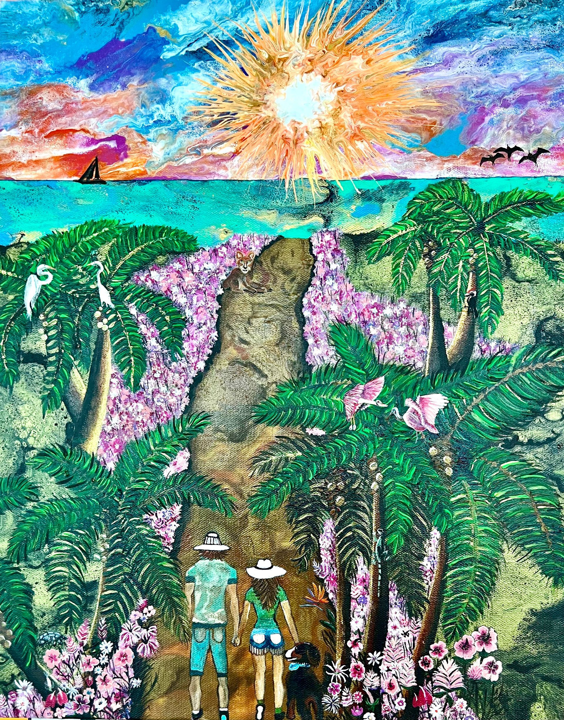 Tropical sunset scene. Two people walk path through flowers and palms towards the ocean.