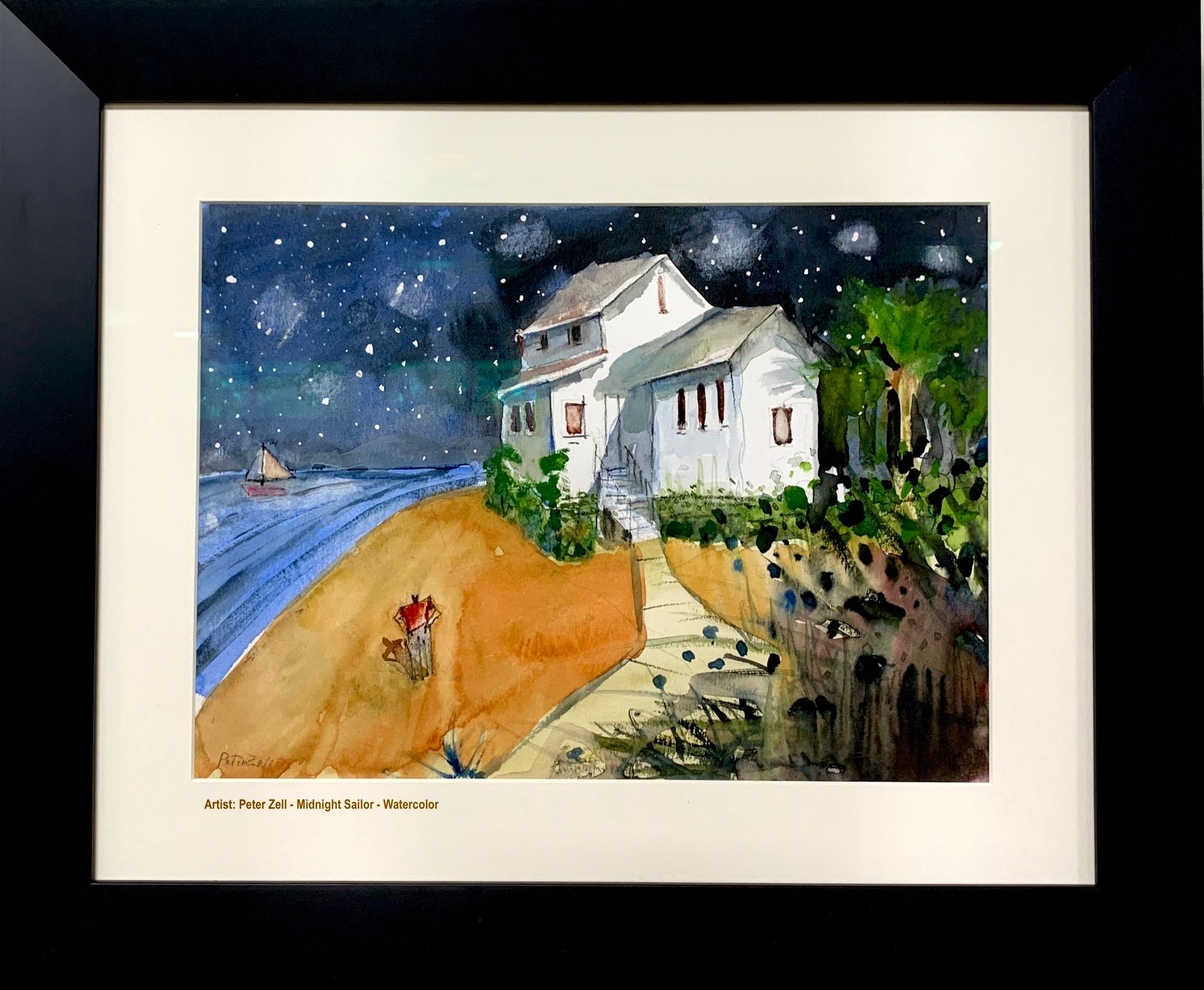 Watercolor painting of a white house under a starry night sky. A path leads to the house on a hillside overlooking water.