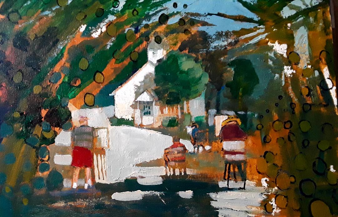 People painting outside a white building, beneath trees.