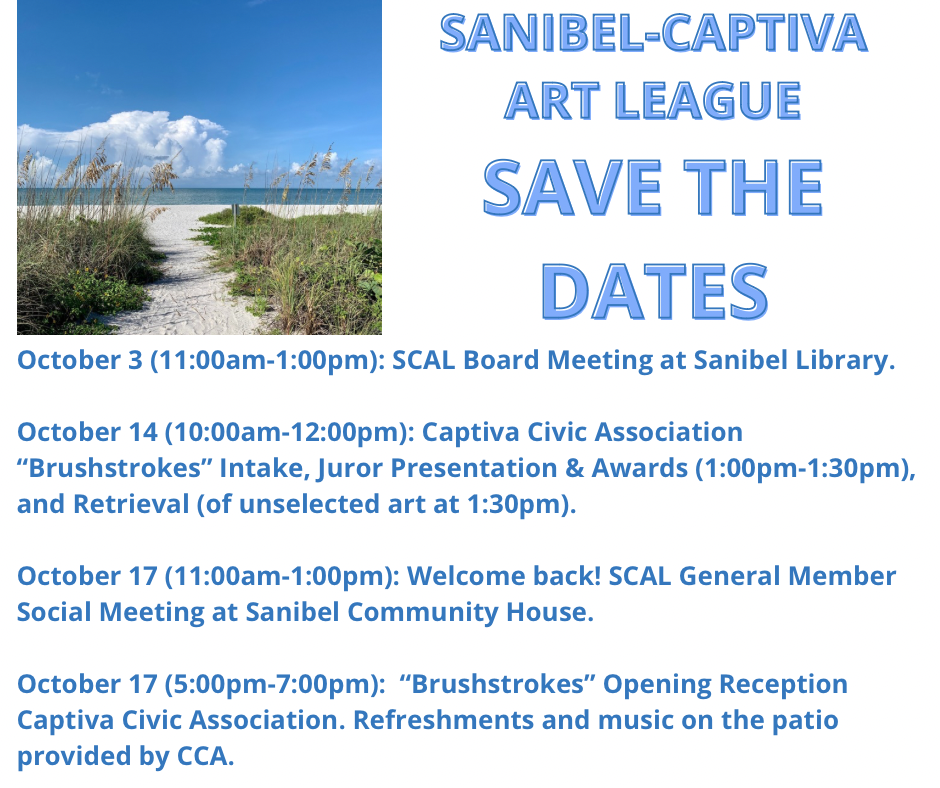 Promotional flyer for Sanibel-Captiva Art League events in October, including board meetings and art show events.