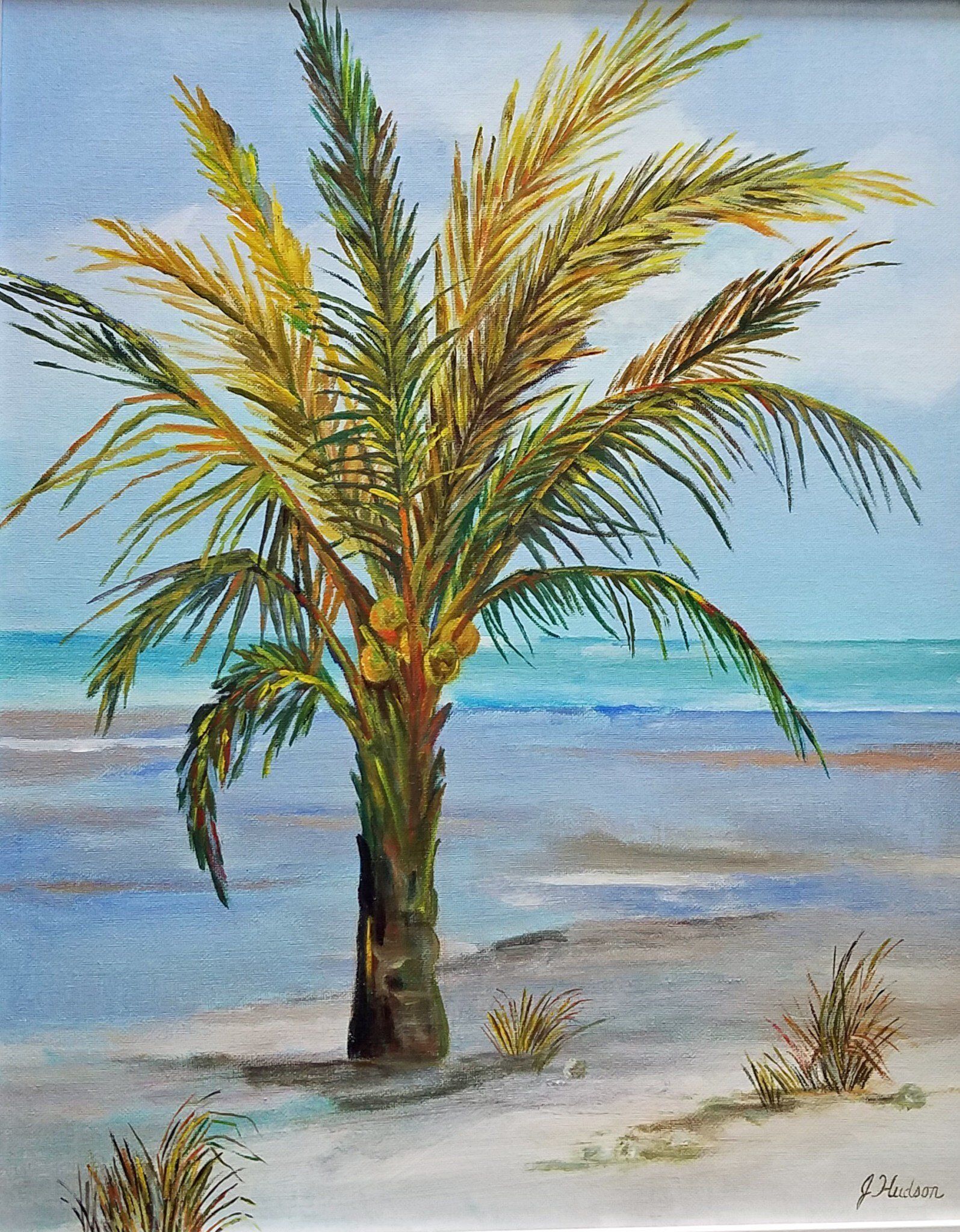 Palm tree on a sandy beach with ocean in the background; sunny, blue sky.