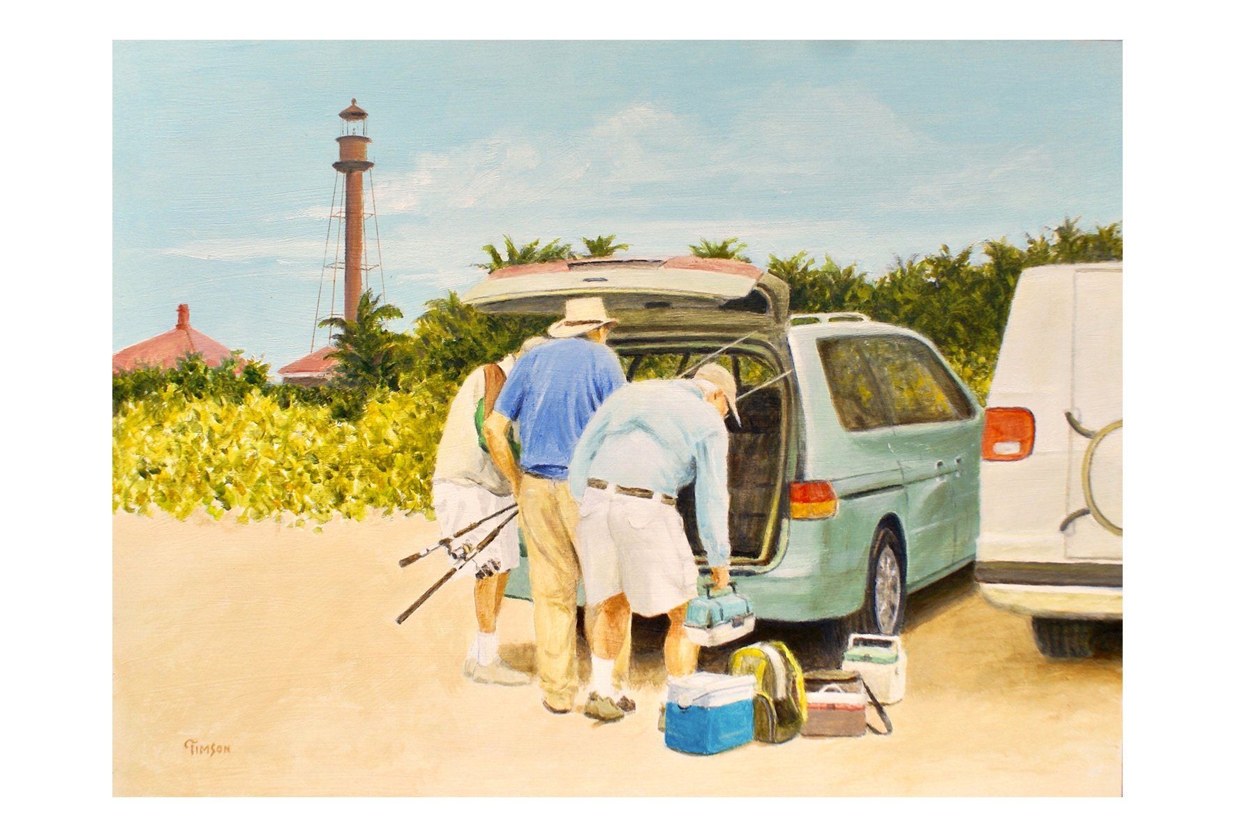 Men preparing to fish, unloading gear from a teal minivan on a beach, lighthouse in the background.