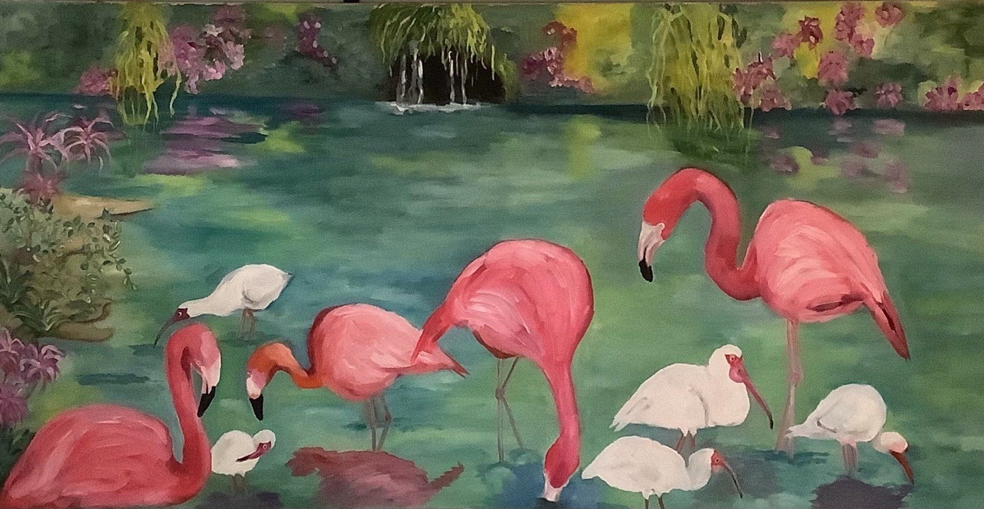 Flamingos and white birds wading in a pond with a waterfall in the background; colorful painting.
