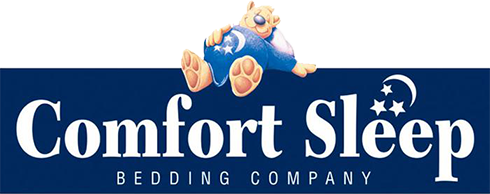 Comfort Sleep Bedding Company logo with a bear in pajamas over a blue bar.
