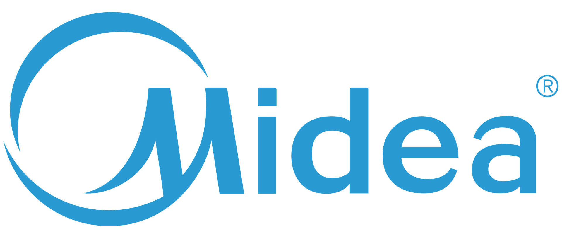 Midea logo: blue text and a stylized 