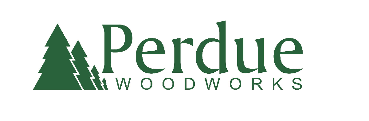 Logo for Perdue Woodworks with green trees and text.