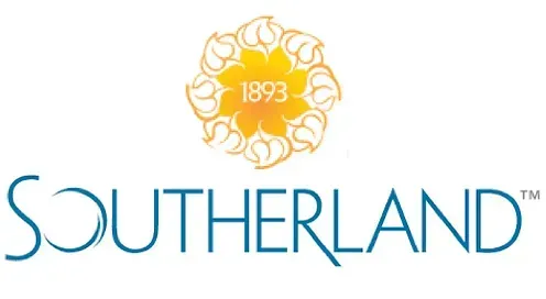 Southerland logo: floral design with “1893” at the center, text 