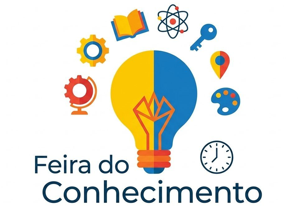 Logótipo “Feira do Conhecimento” com uma lâmpada e ícones coloridos de ciência e tecnologia