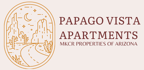 Papago Vista Apartments logo with circular desert skyline icon and Arizona properties text