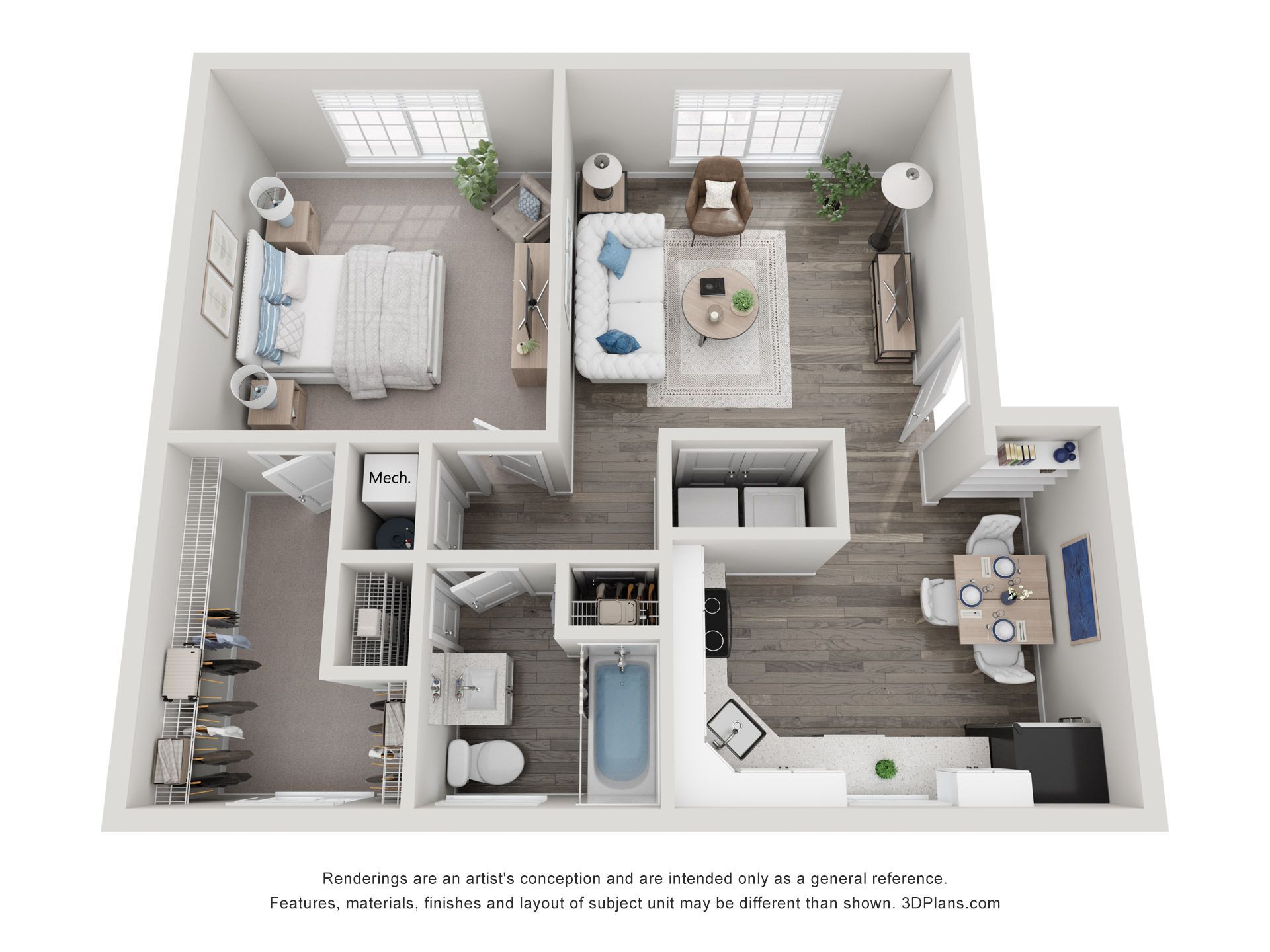 3D floor plan of a two-bedroom apartment with living room, kitchen, and bathroom, shown in white and gray.