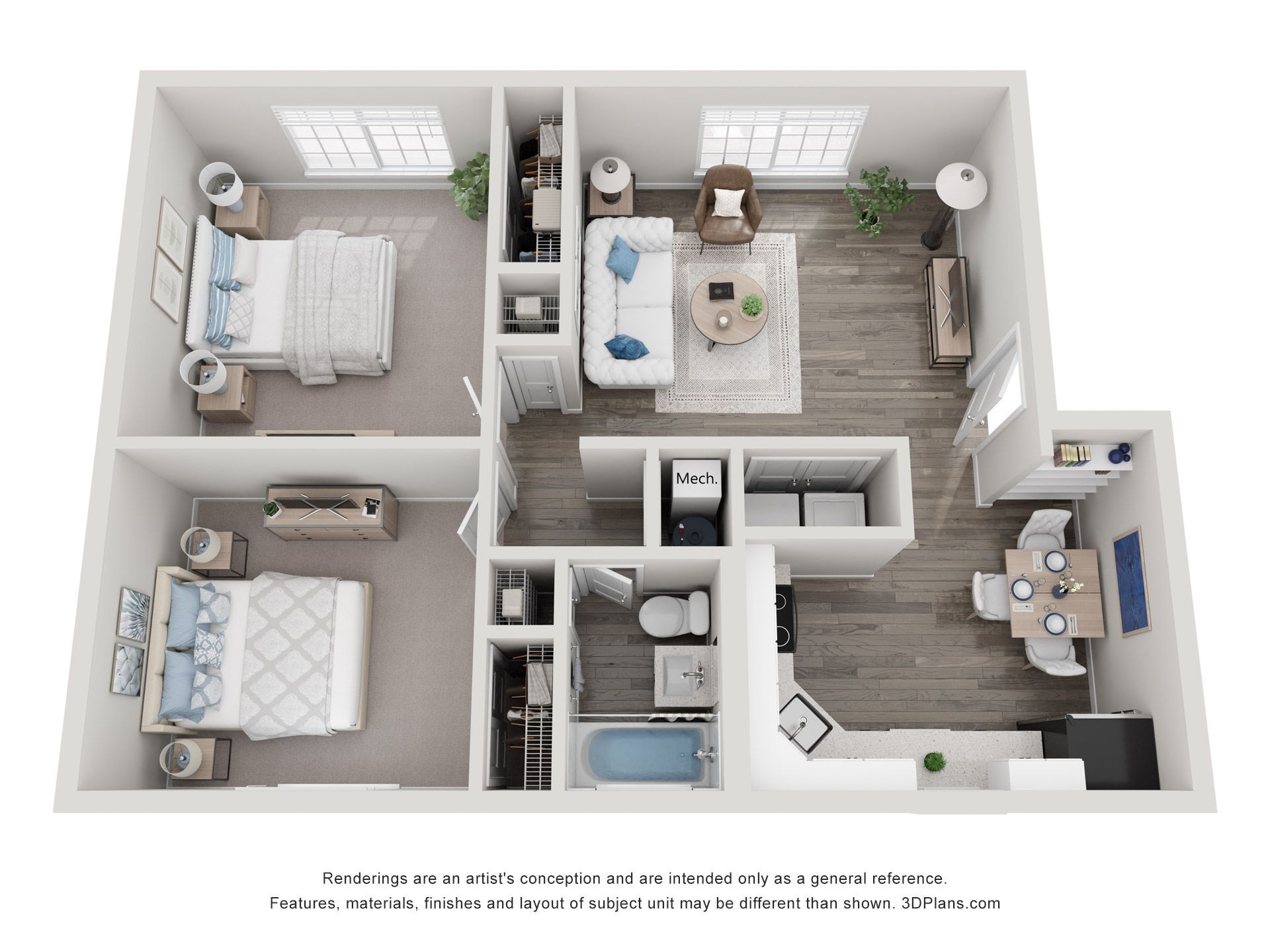 Top-down 3D floor plan of a modern home with bedroom, office, bathroom, and living area