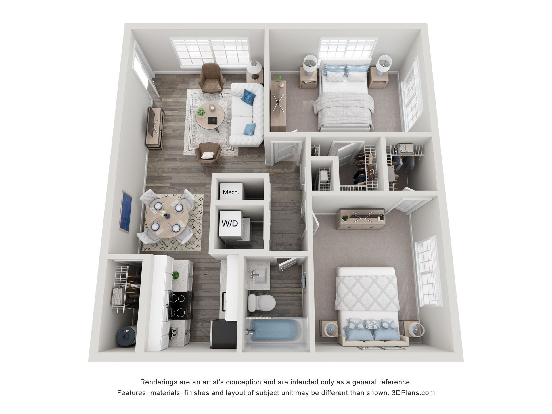 3D floor plan of a two-bedroom apartment with kitchen, living room, bathroom, and dining area